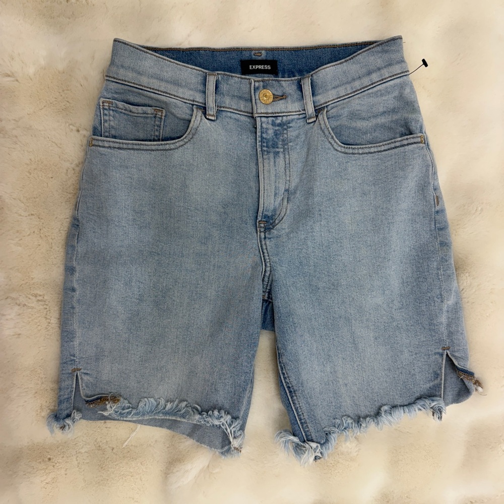 Express Light Blue Frayed Hem Denim Shorts